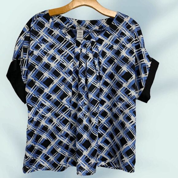 Worthington Womens size Large Navy blue white print short sleeve Pullover Blouse - Picture 1 of 11